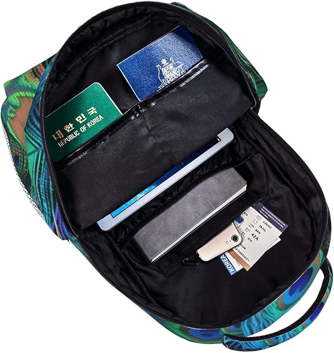 Men Women Polyester Chic Animal Beautiful Peacock Feather Art Daypack Big Capacity Shoulder Bag With Adjustable Shoulder Straps for Camping Travel Walking Cycling