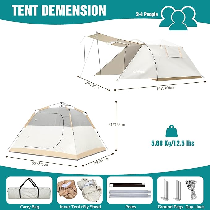 Chihee Camping Tents Pop-Up Portable Tent Outdoor Shelter,Family Tent 2 Doors Instant Set up Large Weatherproof Tent 4 Seasons Tents with Screened Porch Room Awning Include Rain Fly Carry Bag Hiking