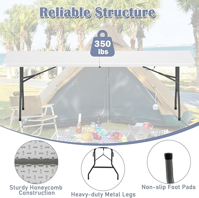 Tangkula 8 FT Folding Table, Indoor Outdoor Foldable Plastic Table with HDPE Tabletop, Sturdy Metal Fame, Carrying Handle, Heavy Duty Portable Fold-in-Half Picnic Table for Camping BBQ Party