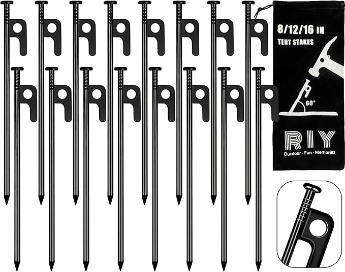 RIY Tent Stakes Heavy Duty 8 inch Metal Tent Pegs for Camping Steel Tent Stakes Inflexible and Unbreakable-16 PCS