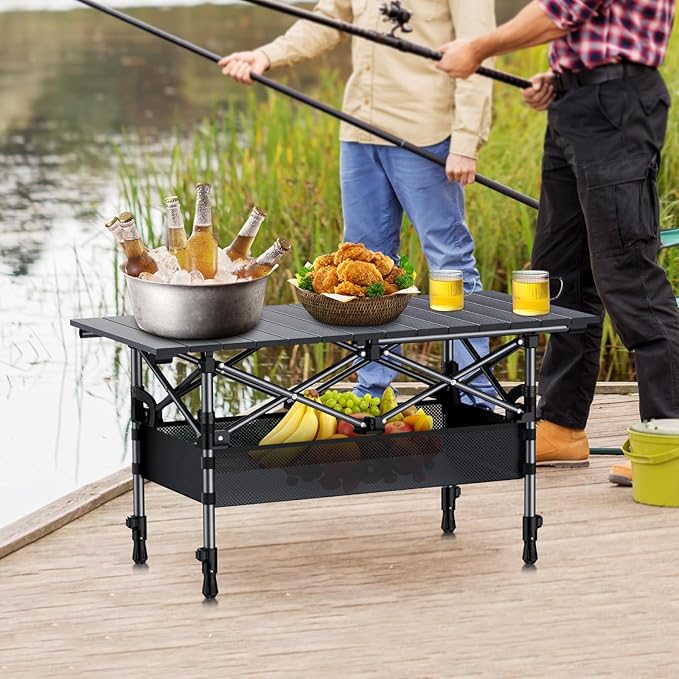 Folding Camping Table, Aluminum Roll Up Camping Table Adjustable Height with Storage Net and Bag, Lightweight Outdoor Table 32.2” X 16”, for Outdoor Travel BBQ Party Picnic, Black