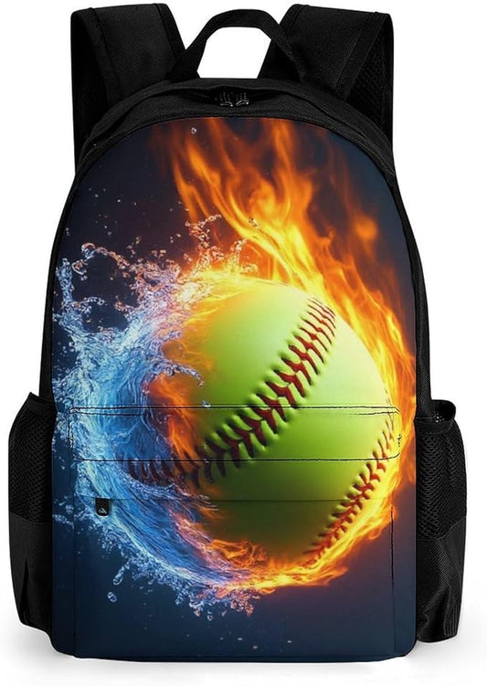 Lightweight Daypack Backpack for Sports Travel Running, Large Capacity Multipurpose Anti-Theft Bookbag, Ice Water Fire Softball Baseball Laptop Backpack Daypack