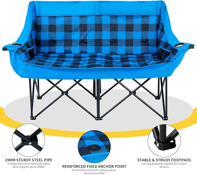 DoCred Heated Double Camping Chair, Folding 2 Person Camping Chairs Loveseat Outdoor Sports,Heated Oversized Lawn Chairs for Adults,Heating Camp Chair with 3 Heat Levels, Battery NOT Included
