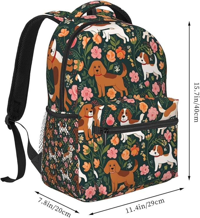 Daypack Backpack Multipurpose Anti-Theft Large Capacity Bookbag, English Springer Spaniel And Retro Floral Travel Hiking Camping Rucksack With Adjustable Shoulder Straps