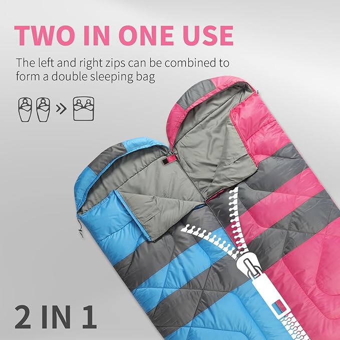 Sleeping Bags, Camping Sleeping Bag for Adults, 3 Season Warm & Cool Weather, Lightweight Waterproof Sleeping Bags for Indoor Outdoor Camping Traveling Backpacking, Pink/Blue/Black