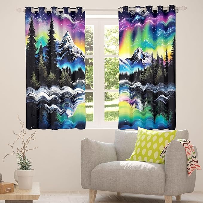 Manfei Northern Lights Nursery Bedroom Playroom Decor,Rainbow Starry Sky North Pole Dreamy Window Drapes,Snowmountain Pine Trees River Natural Boys Girls Room Decor,Blue Green 2 Panels,52Wx96L inch