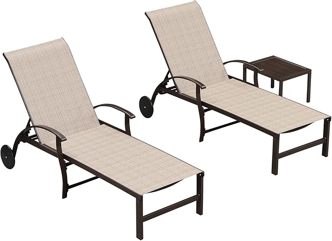 PURPLE LEAF Outdoor Chaise Lounge Chair Set of 3 Patio Pool Lounger Aluminum Chairs with Side Table and Wheels Adjustable Tanning Recliner for Outside Backyard Yard Deck Balcony Beach Khaki