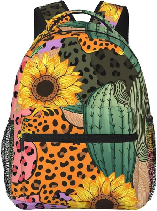 Polyester Daypack Backpack for Trekking Picnic Walking Cycling, Large Capacity Anti-Theft Multipurpose Shoulder Bag, 90S Sunflower Leopard Cactus Casual Daypack