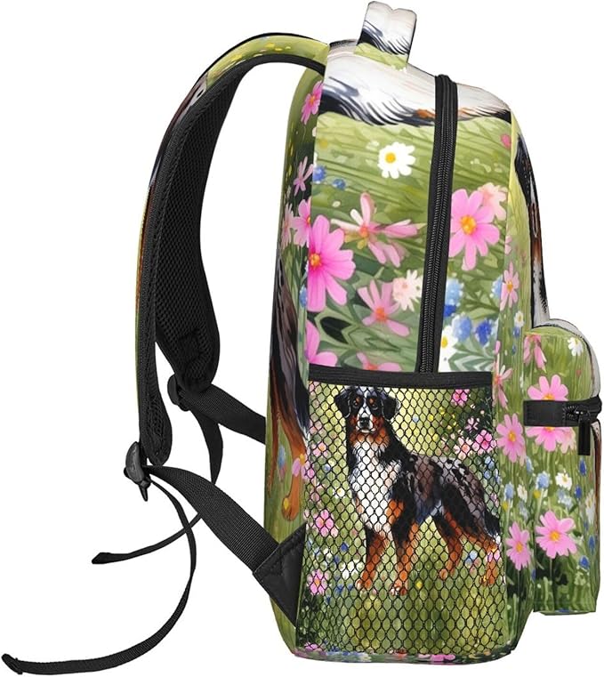 Rucksack Polyester Anti-Theft Multipurpose Shetland Sheepdog Dog Watercolor Pink Flower Art Bookbag Big Capacity Travel and Sport Backpack Rucksack With Side Pockets