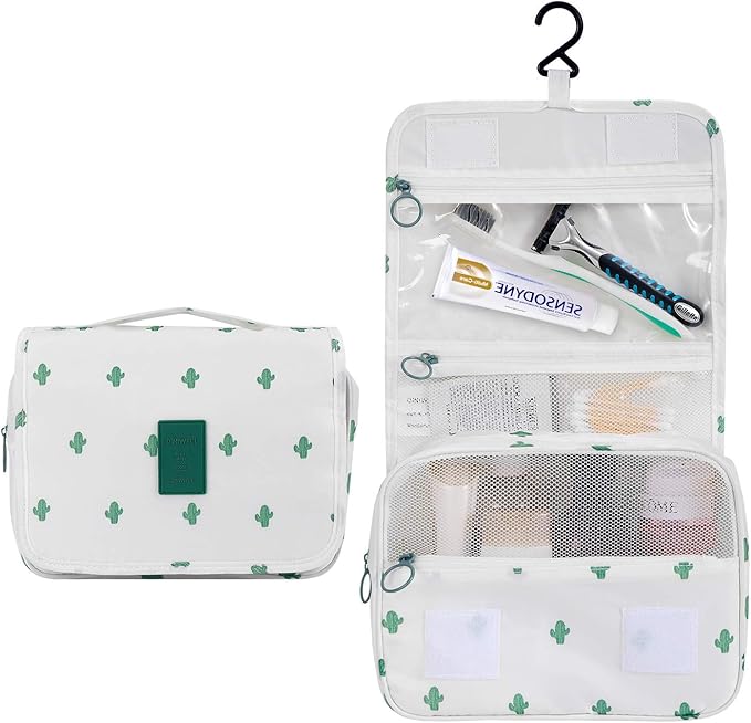 Trawila Travel Hanging Toiletry Bag Cosmetic Bag Makeup Organizers for Men & Women with Sturdy Hook (White Cactus)