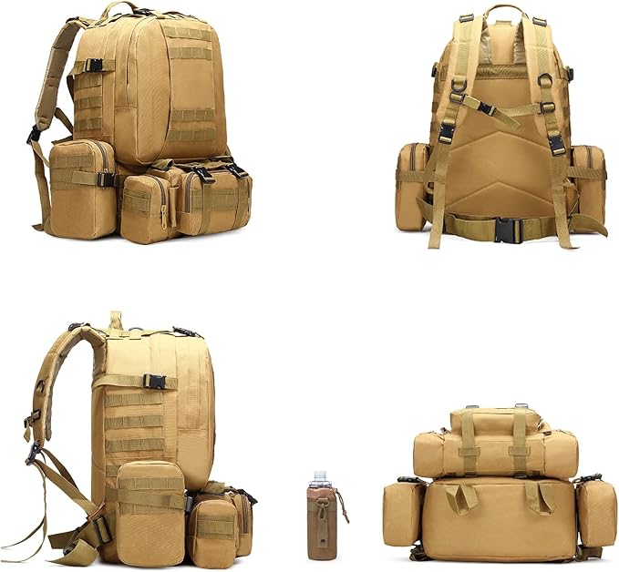 60L Tactical Backpack Military 3-Day Assault Pack, Waterproof Molle System Rucksack with Detachable Bag, Survival Bug Out Backpack for Men & Women(Brown)