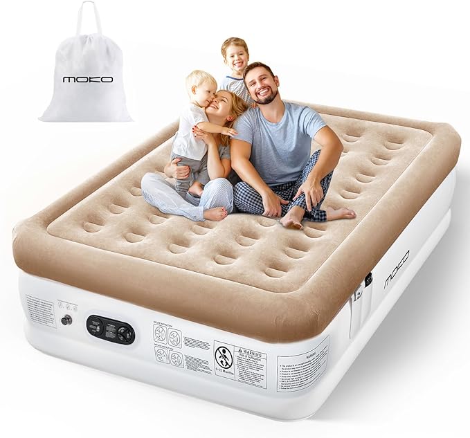 Air Mattress Queen with Built in Pump, 18'' Luxury Inflatable Mattress, 3 Min Fast Blow up Mattress with Dual-Chamber, Comfort Top - Velvety Air Bed for Home, Camping, Travel, Guests, White + Khaki