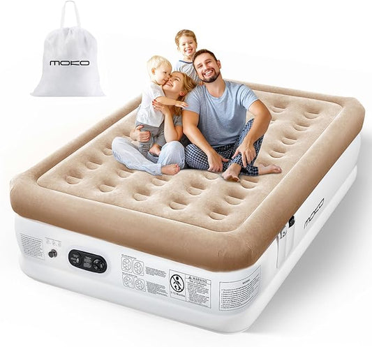 Air Mattress Queen with Built in Pump, 18'' Luxury Inflatable Mattress, 3 Min Fast Blow up Mattress with Dual-Chamber, Comfort Top - Velvety Air Bed for Home, Camping, Travel, Guests, White + Khaki