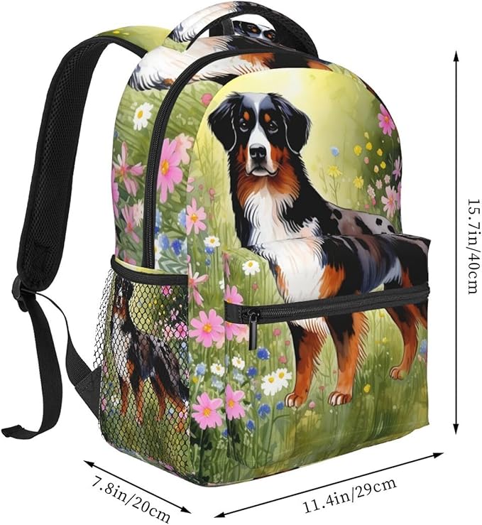 Rucksack Polyester Anti-Theft Multipurpose Shetland Sheepdog Dog Watercolor Pink Flower Art Bookbag Big Capacity Travel and Sport Backpack Rucksack With Side Pockets