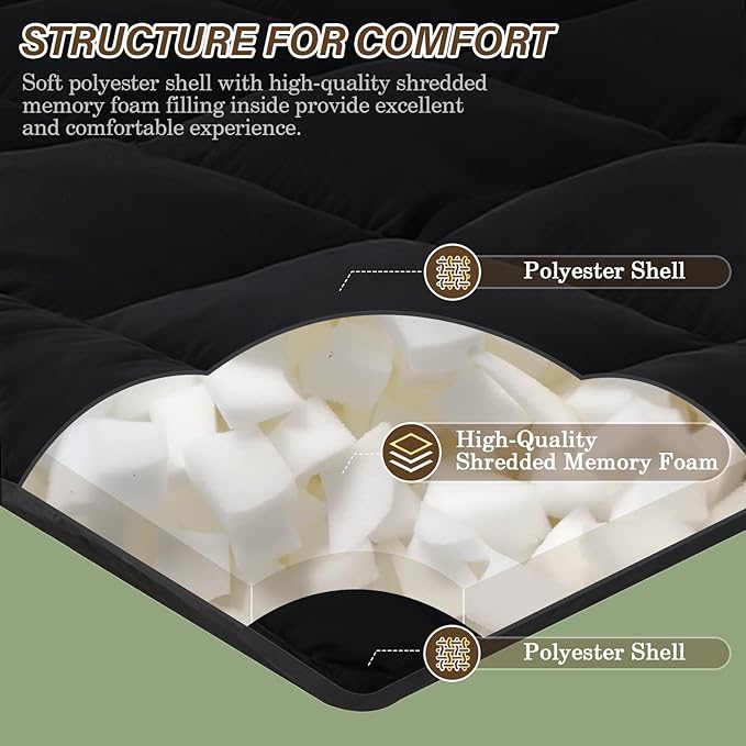 Japanese Floor Mattress Foldable & Portable Roll Up Futon Mattress 3" Black Tatami Mat for Adult and Kids，Shredded Memory Foam Filled with Straps Sleeping Pad Suitable for Camping，60"x 80" Queen Size