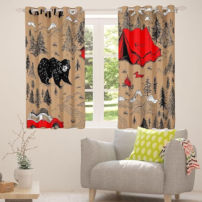 Feelyou Vintage Camper Blackout Curtains Wildlife Animal Bear Darkening Drapes for Bedroom Living Room Decor Happy Camping Thermal Insulated Shades Window Treatments, 2 Panels 38 x 45 Inch