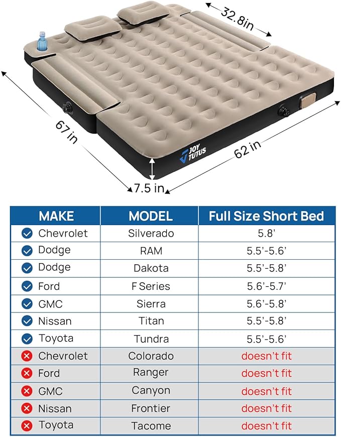 JOYTUTUS Truck Bed Air Mattress for 5.5-5.8Ft with Built-in Air Pump,Full Size Short Beds Inflatable Mattress for Outdoor Camping, with Carry Bag & Cup Holder