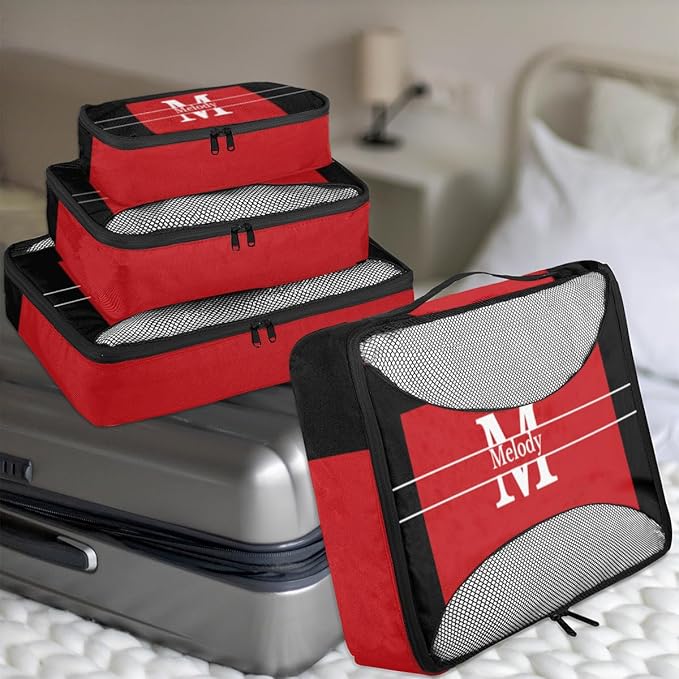 4pc Personalized Name Packing Cubes for Travel - Luggage Packing Organizers - Travel Packing Cubes for Suitcases, Red with Black, Initial Letter