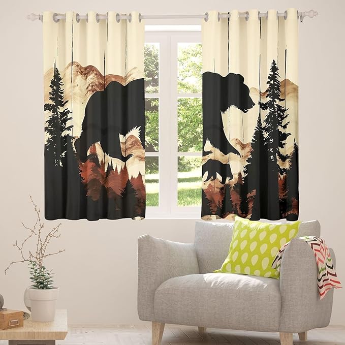 jejeloiu Bear Silhouette Mountain Curtains for Bedroom Living Room Rustic Wood Bear Pine Tree Pattern 30%-50% Blackout Darkening Drapes Pine Tree Window Treatments, 2 Panels 42 x 84 Inch Wildlife Room
