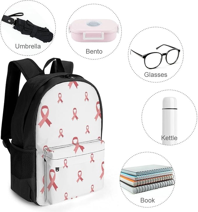 Supdreamc Lightweight Daypack Backpack for Trekking Work Running, Big Capacity Multipurpose Anti-Theft Bookbag, Breast Cancer Awareness Pink Ribbons White Business Computer Bag