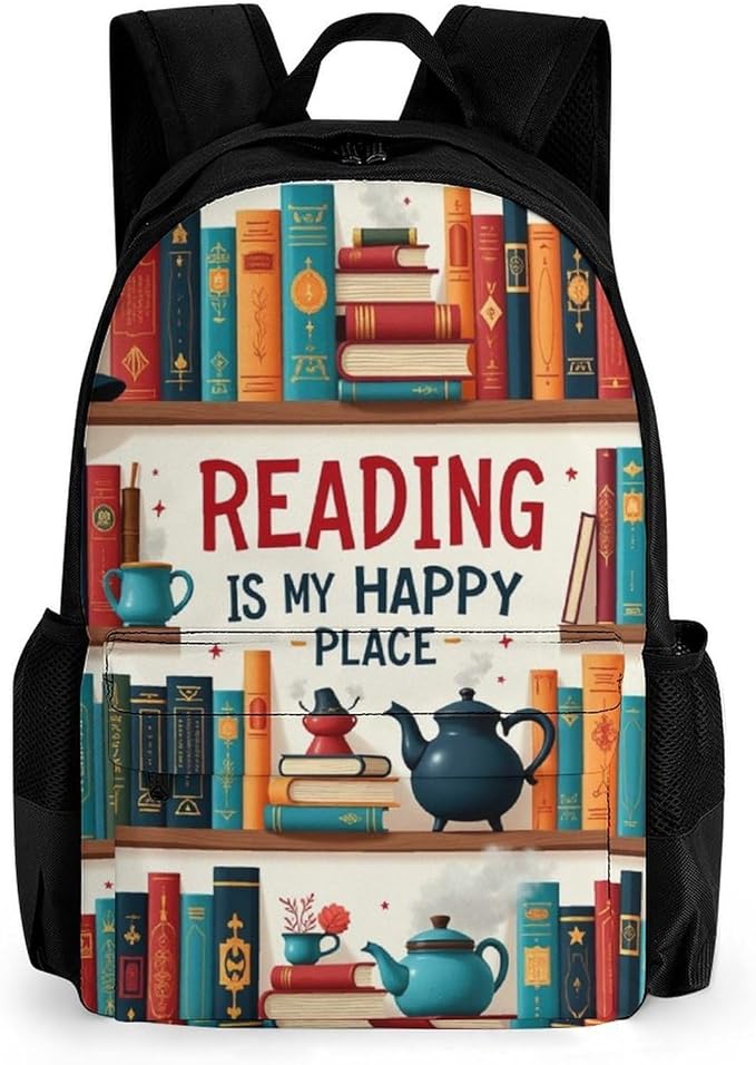 Supdreamc Men Women Lightweight Reading Is My Happy Place Book Lovers Casual Daypack Big Capacity Bookbag With Padded Straps for Gym Travel Walking Cycling