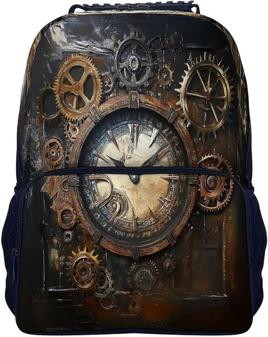 Shoulder Book Bags Polyester Multipurpose Anti-Theft Vintage Steampunk Clocks Carry On Bag Large Capacity Travel Hiking Camping Rucksack