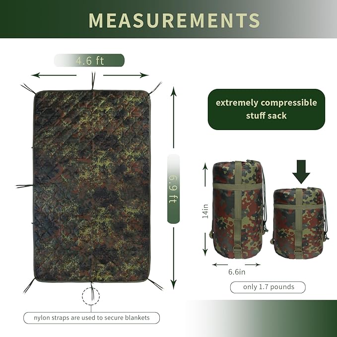 GRVCN Military Blanket - Camping Sleeping Bag with Zipper, Poncho Liner Thermal Insulated Blanket, Lightweight Portable Outdoor Hiking Survival Compression Carry Bag