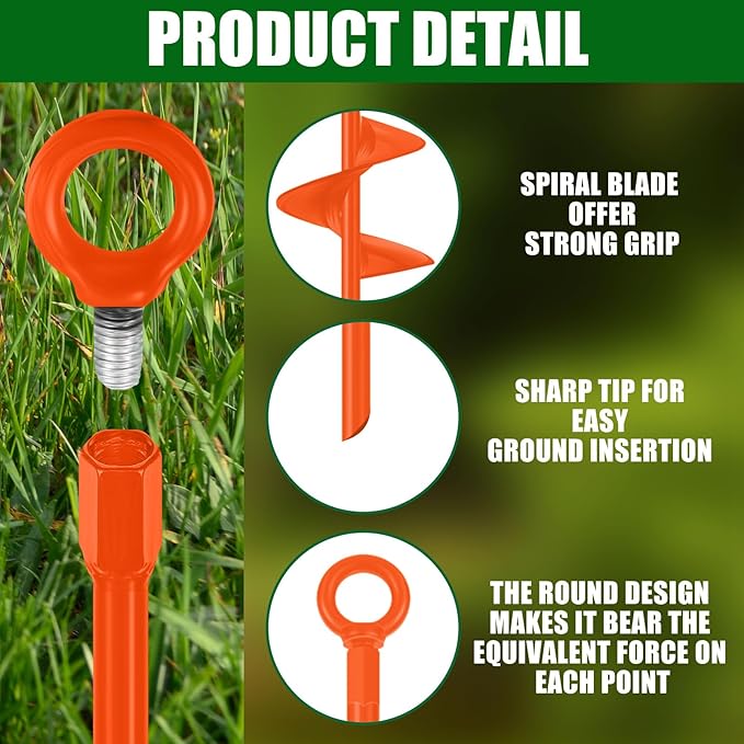 Chumia 6 Pcs 18 Inch Ground Anchor Spiral Blade Heavy Duty Earth Anchors Swing Set Metal Shed Kit for Garden Securing Trees Tents Trampoline Canopies Shelters (Orange)