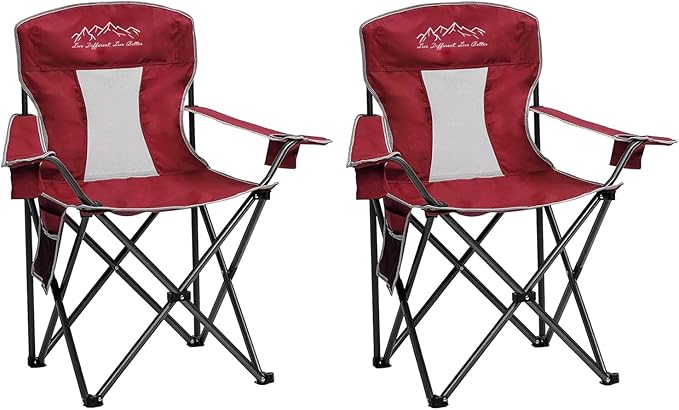 Outdoor Folding Camping Chair with Cup Holder, Storage Bag, Large Anti-Sink Feet, 325lbs Capacity, Breathable Mesh Portable Chair for Camping, Beach, Fishing, Sports, Red 2Pack