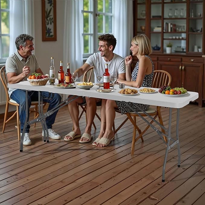 VEVOR Folding Table, 8 Ft Heavy Duty Portable Fold-in-Half Utility Table, Indoor Outdoor Plastic Rectangle Table with Built in Handle, for Party, Dining, Wedding, Events, Picnic, Camping, White