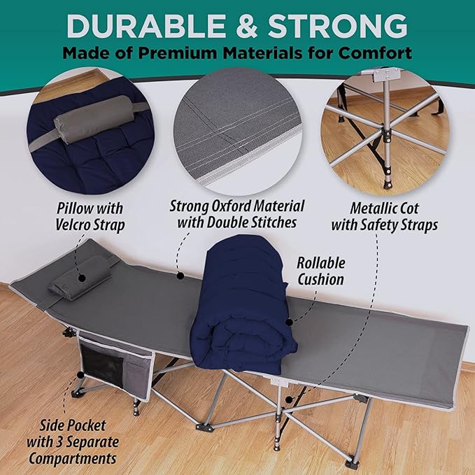 ZONETECH Folding Outdoor Camping Travel Cot and Pad - Premium Quality Lightweight Portable Heavy Duty Adult & Kids w/Large Pocket and Cushion (Gray & Blue 1-Pack)