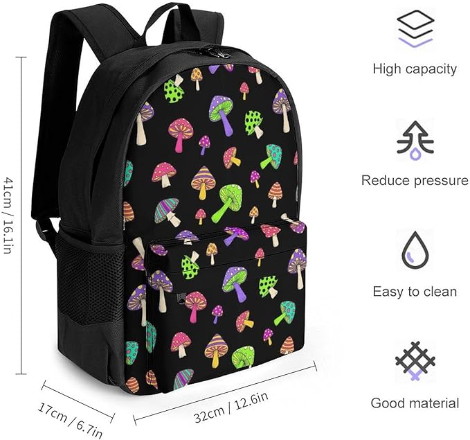 Men Women Polyester Trippy Mushrooms Art Daypack Bookbag Big Capacity Shoulder Bag With Padded Straps for Climbing Travel Walking Cycling
