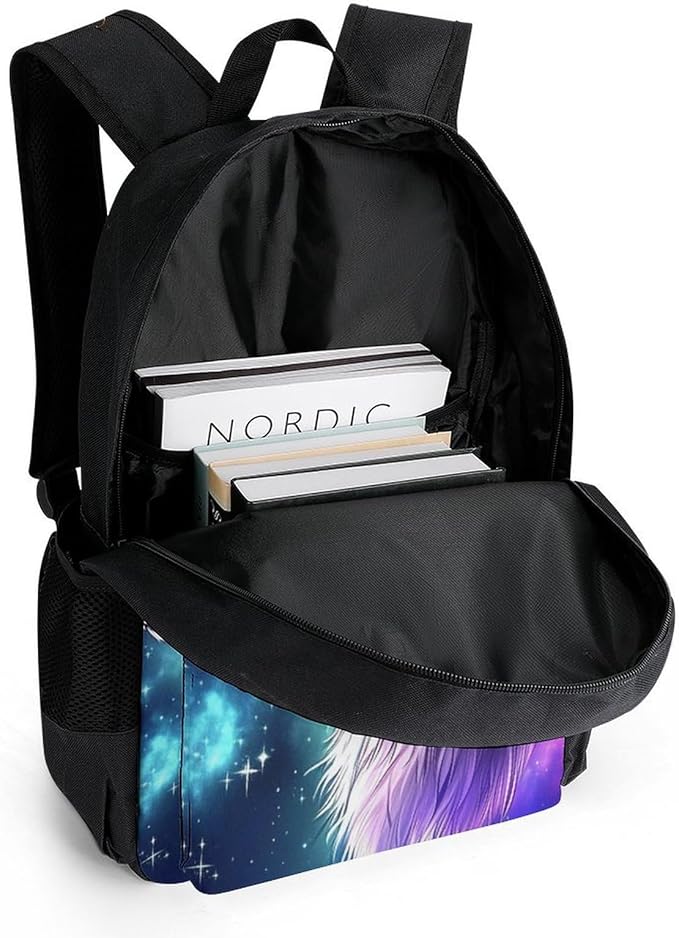 Men Women Lightweight Purple Universe Space Galaxy Magic Wolf Art Daypack Bookbag Big Capacity Carry On Bag With Side Pockets for Camping Travel Bicycle