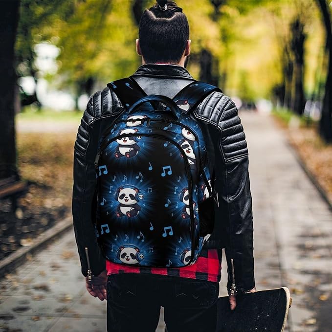 Waterproof Hiking Backpack Panda Animal Headphones Music, Anti Theft Travel Laptop Rucksack with Multi Compartments for Men Women Outdoor Sports