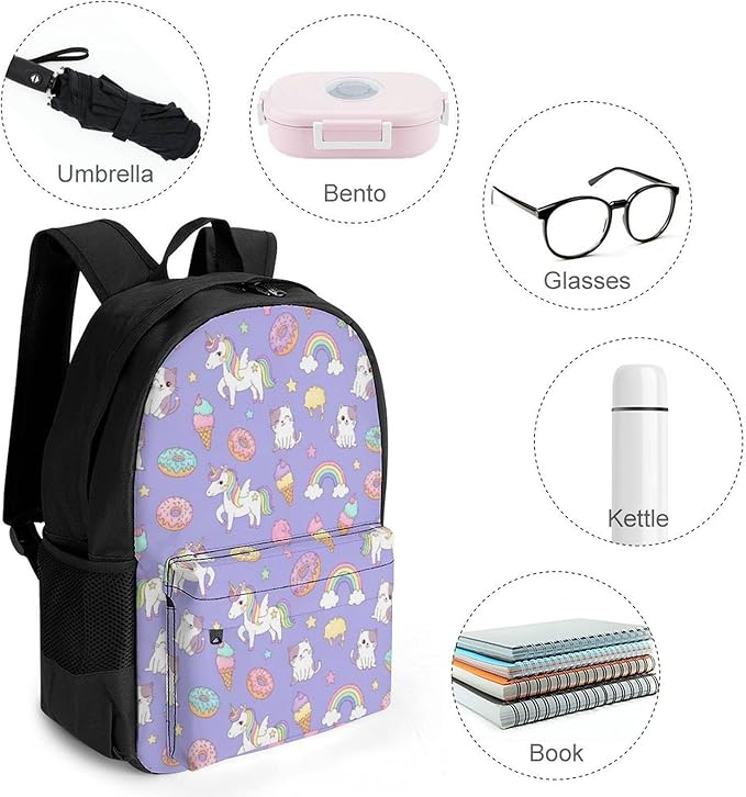 Daypack Backpack Polyester Anti-Theft Multipurpose Purple Donuts Unicorns Bookbag Big Capacity Travel Hiking Camping Rucksack With Smooth Zippers