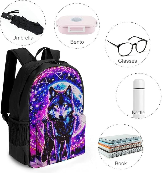 Supdreamc Men Women Polyester Trippy Wolf Space Galaxy Art Daypack Bookbag Big Capacity Shoulder Bag With Padded Straps for Climbing Travel Walking Cycling