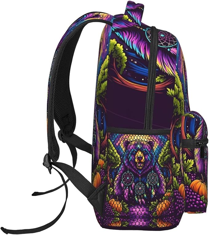 Men Women Polyester Bear Natural Landscape Psychedelic Mysterious Dreamy Art Casual Daypack Large Capacity Carry On Bag With Adjustable Shoulder Straps for Camping Work Running
