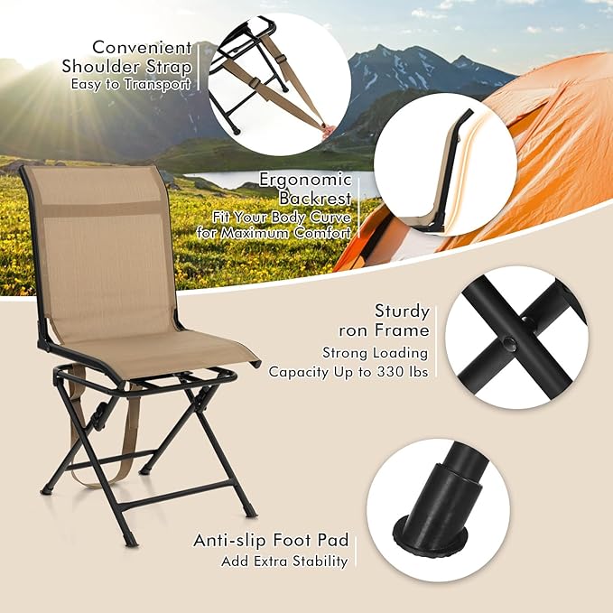 Moccha 360-degree Swivel Blind Chair, Foldable Hunting Chair w/Mesh Back & Non-Slipping Pads, Multi-Position X Steel Frame Portable Outdoor Chairs for Camping, Hunting, Fishing, Brown