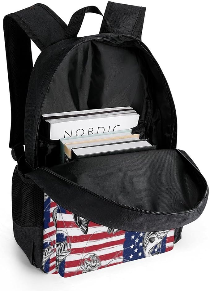 Backpack Anti-Theft Multipurpose Large Capacity Carry On Bag, Bass Fish Fishing Lure American Flag Camping Outdoor Backpack With Side Pockets