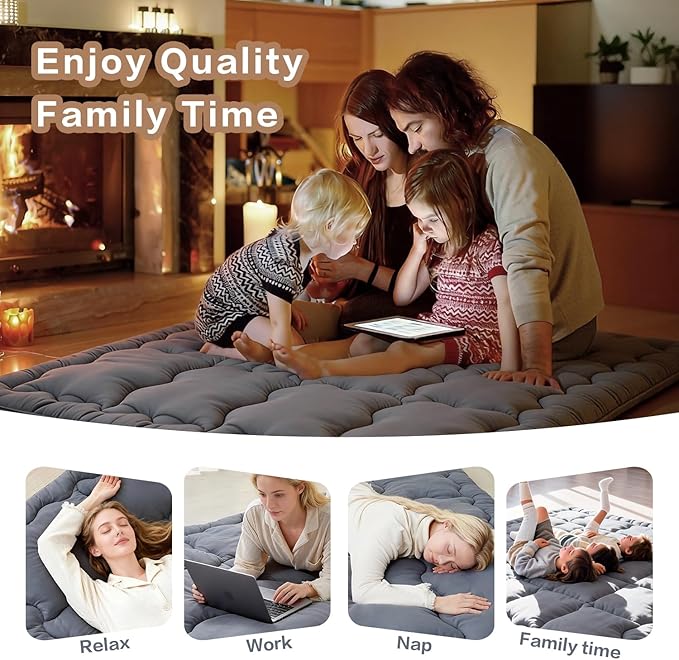 SAPHREAS Japanese Futon Mattress Floor Mattress King, Foldable Roll Up Bed Mattress Topper with Elastic Straps, Tatami Mat Sleeping Pad for Camping, Grey