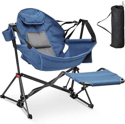 Ainfox Hammock Camping Chair with Footrest, Foldable Portable Rocking Chairs for Adults Outside Swinging Camp with Cup Holder Pillow for Outdoor Patio Poolside (Dark Blue)
