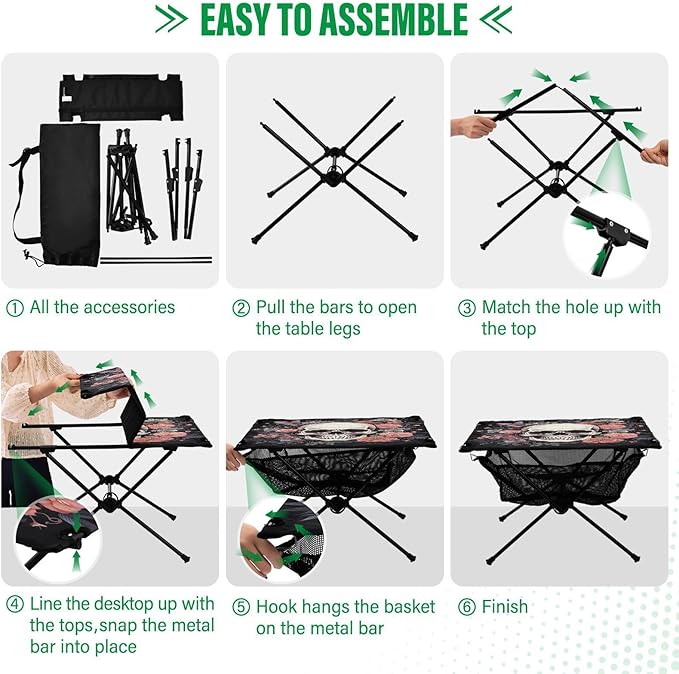 Skull Portable Folding Camping Table, Compact Lightweight Beach Table with Carrying Bag for Outdoor Picnics, BBQs, Camp