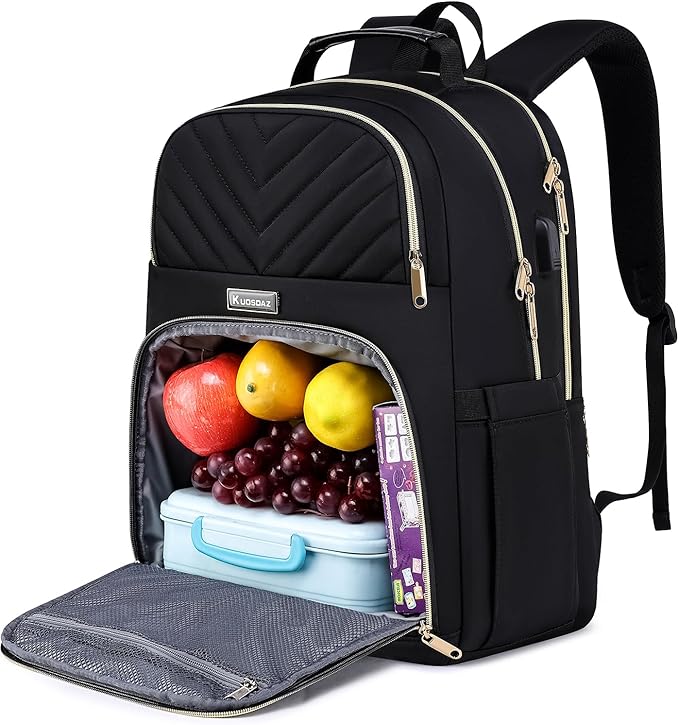 Lunch Backpack for Women, Water Resistant Insulated Cooler Lunch Bag, 15.6 inch Laptop Backpacks with USB Port, Picnic Backpack with Lunch Box for College Work Camping Beaches, Black