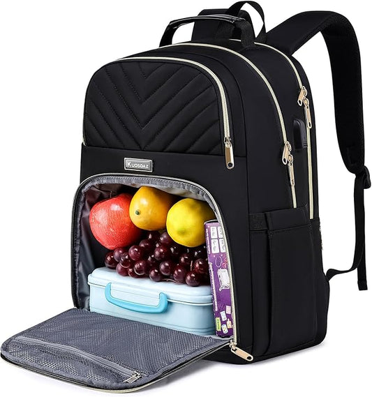 Lunch Backpack for Women, Water Resistant Insulated Cooler Lunch Bag, 15.6 inch Laptop Backpacks with USB Port, Picnic Backpack with Lunch Box for College Work Camping Beaches, Black