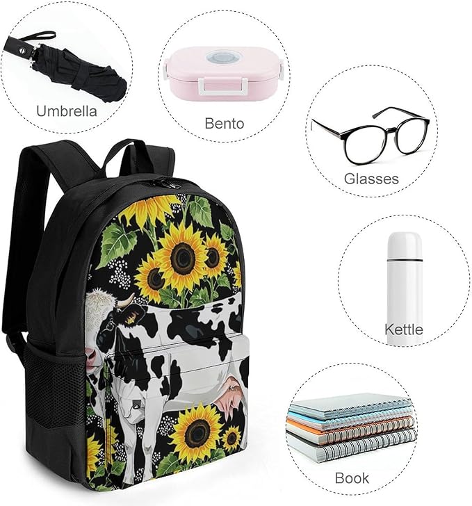 Supdreamc Polyester Daypack for Hiking Work Running, Big Capacity Anti-Theft Multipurpose Shoulder Bag, Farm Cow Sunflower Print Travel and Sport Backpack Rucksack
