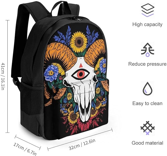 Shoulder Book Bags Anti-Theft Multipurpose Big Capacity Bookbag, Sunflower Goat Skull Art Travel Hiking Backpack With Smooth Zippers