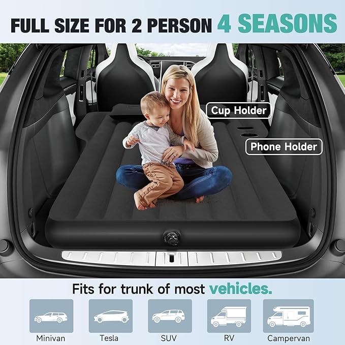 Tesla Model Y Mattress, Inflatable SUV Mattress for Portable Camping Mattress, Foldable Air Mattress with Air Pump and Storage Bag for Tesla Model Y and SUV Travel, Black