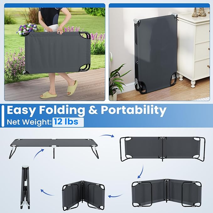 GYMAX Folding Camping Cot, Portable Ultralight Compact Sleeping Cot Bed for Adults with Oxford Fabric, for Outdoor Travel Backpacking Hiking Patio Home Office, 330LBS (Grey)