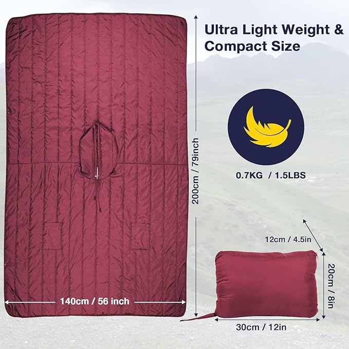 DUKUSEEK Outdoor Wearable Camping Blanket, Large Packable Backpacking Hooded Stadium Blankets, Lightweight Warm Quilt for Picnic, Hiking, Football, 79"X56", Wine Red