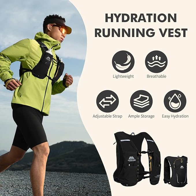 AONIJIE Running Hydration Vest for Men & Women, 8L Hydration Backpack, Multiple Pocket Designs for Water Bottles/Bladders, Lightweight Breathable for Hiking, Climbing, Marathon & Cycling